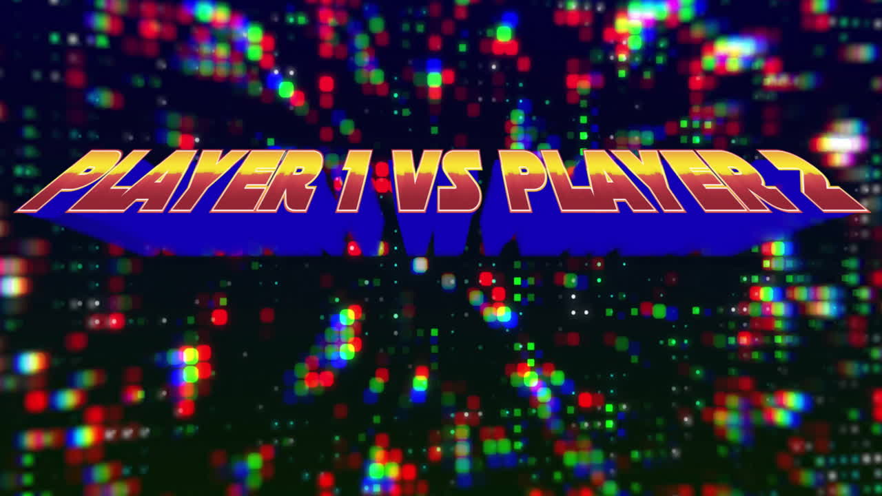 In animation, colorful pixelated background with bold Player 1 vs Player 2 text
