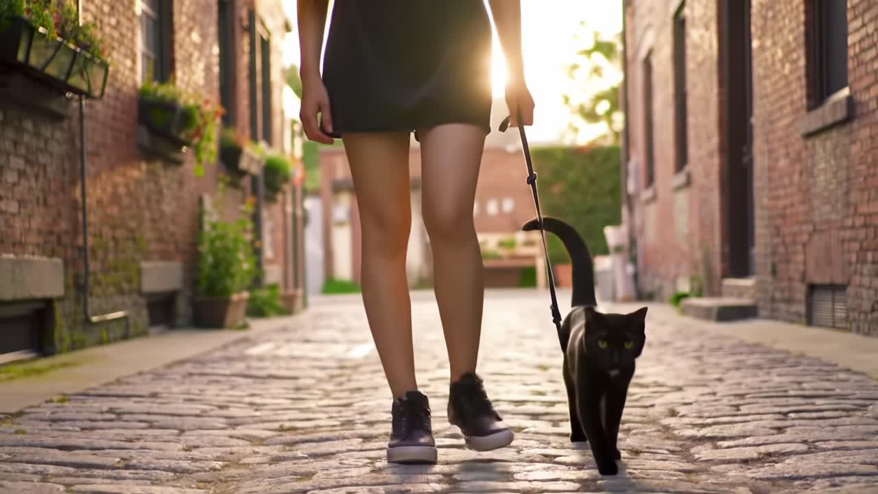 A Serene Stroll: A Person Walking a Black Cat Through a Charming Cobblestone Alleyway at Sunset, Emphasizing the Bond Between Human and Pet
