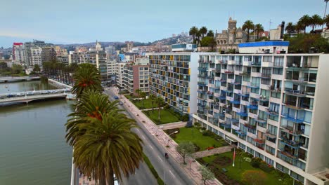 vina del mar waterfront with palm-lined promenade and modern residential buildings , aerial view