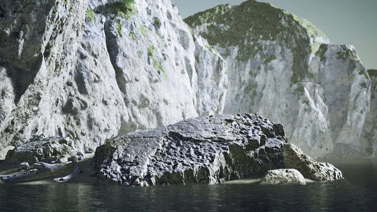 Rocky shoreline with cliffs and calm water in a serene natural setting
