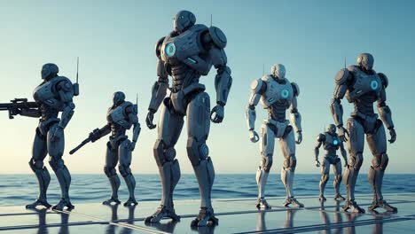 robotic soldiers in formation: a stunning display of advanced technology highlighting the evolution of artificial intelligence and robotics in military applications