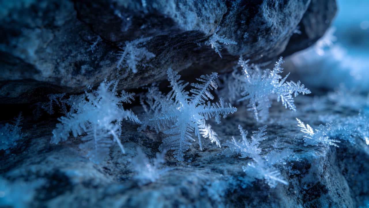 La telecamera si avvicina rivelando fiocchi di neve dendritici che mettono a fuoco una fessura nella roccia, mostrando una sottile brina