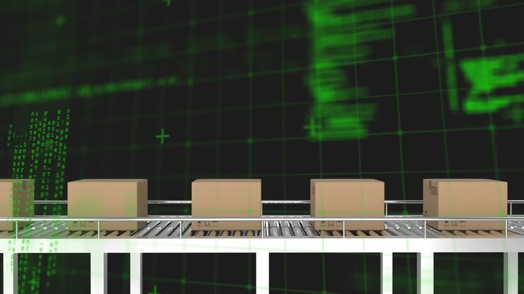 Elaborazione dati su rete a griglia con sfondo di scatole di consegna multiple su nastro trasportatore