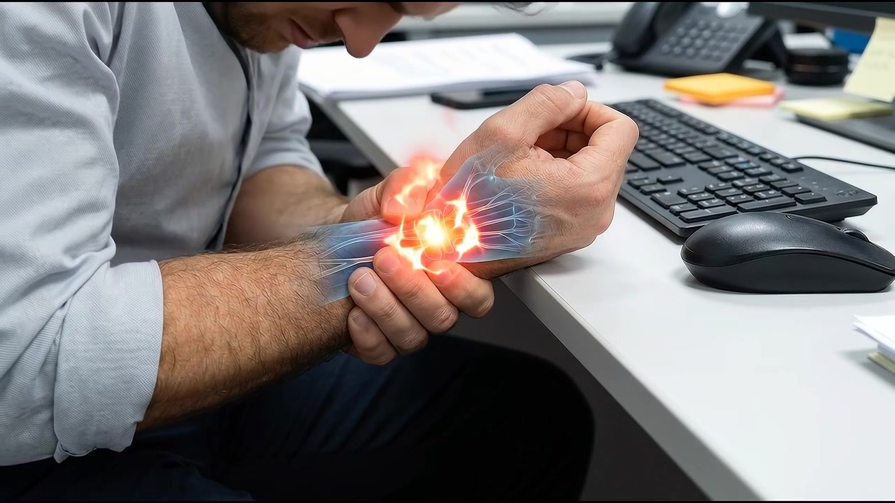 Uomo con dolore al polso mentre lavora alla scrivania dell'ufficio