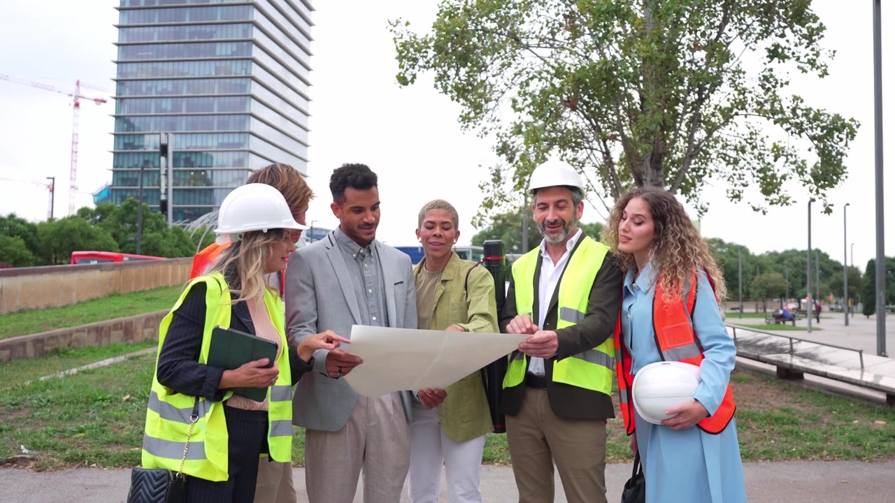 Diverse Team of Architects and Engineers Reviewing Construction Plans Outdoors