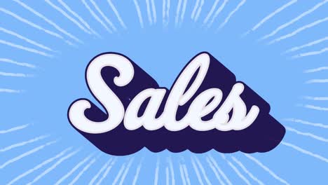 animation of sales text in white letters ove white rays on blue background