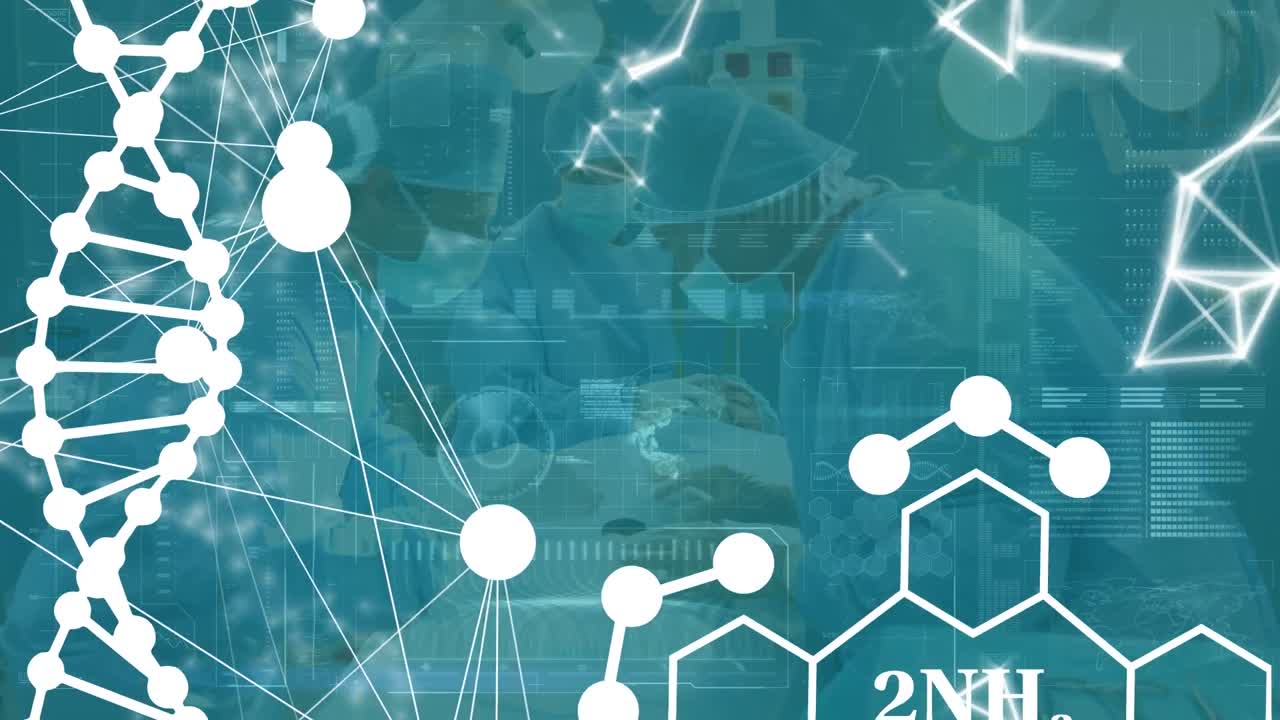 다양한 외과 의사들에 대한 dna 가닥과 화학 공식의 애니메이션