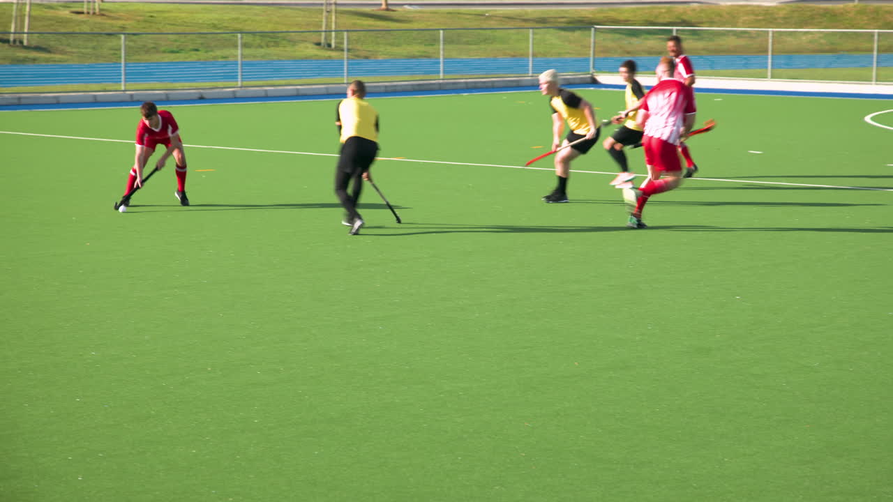 Playing field hockey, male players competing in outdoor match on green field