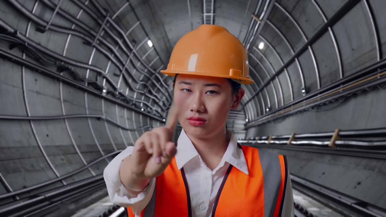 Close Up Of Asian Female Engineer With Safety Helmet Disapproving With No Index Finger Sign In Underground Subway Tunnel