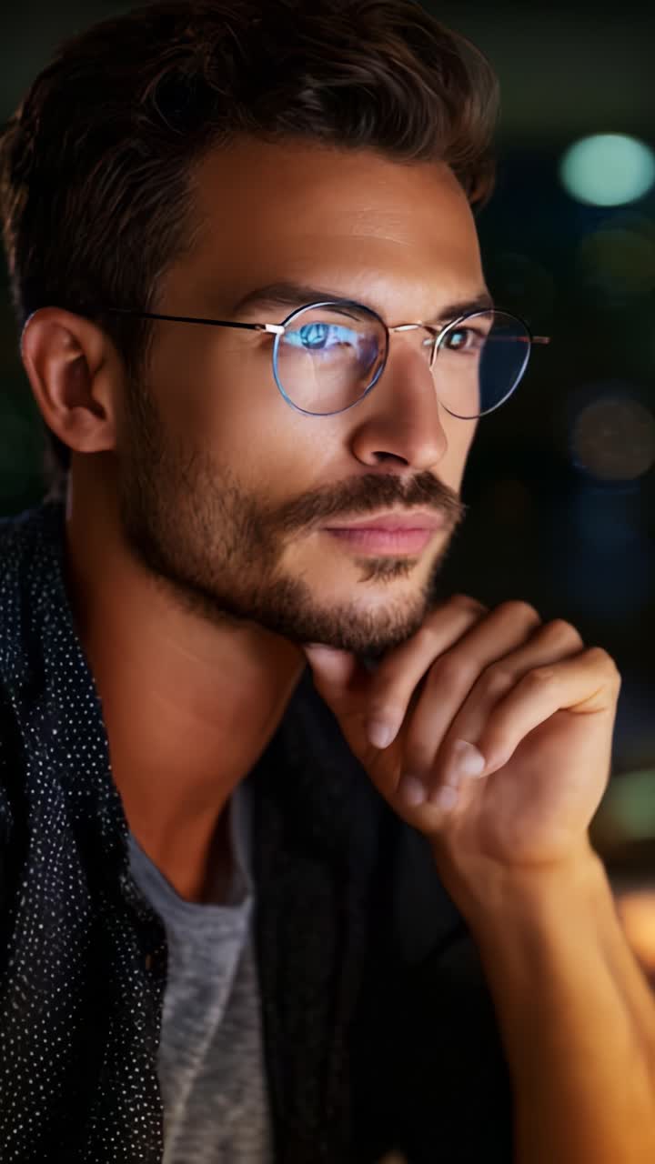 Un uomo riflessivo con gli occhiali guarda in lontananza, contemplando la vita e le idee, illuminato da una tenue luce ambientale in un elegante ambiente interno