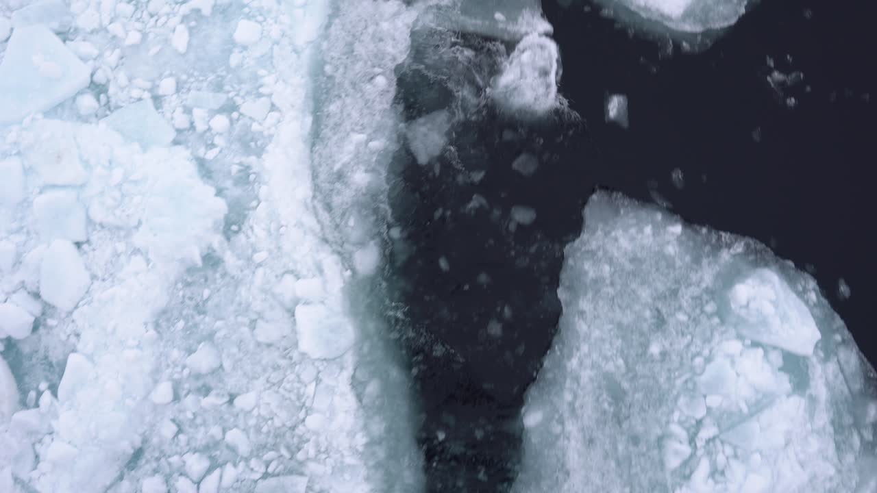 vista dall'alto verso il basso, navigando nell'acqua del mare artico coperta da pezzi di ghiaccio rotti, da vicino