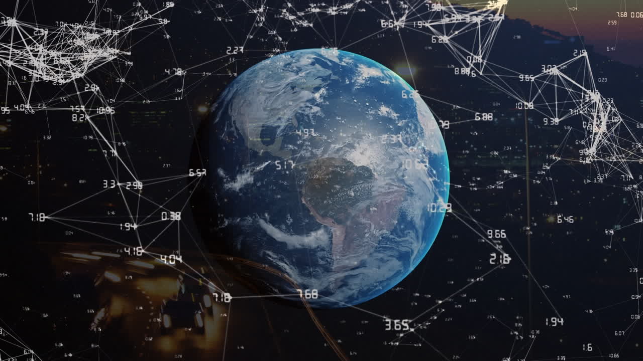 анимация сети соединений и глобуса над городским пейзажем