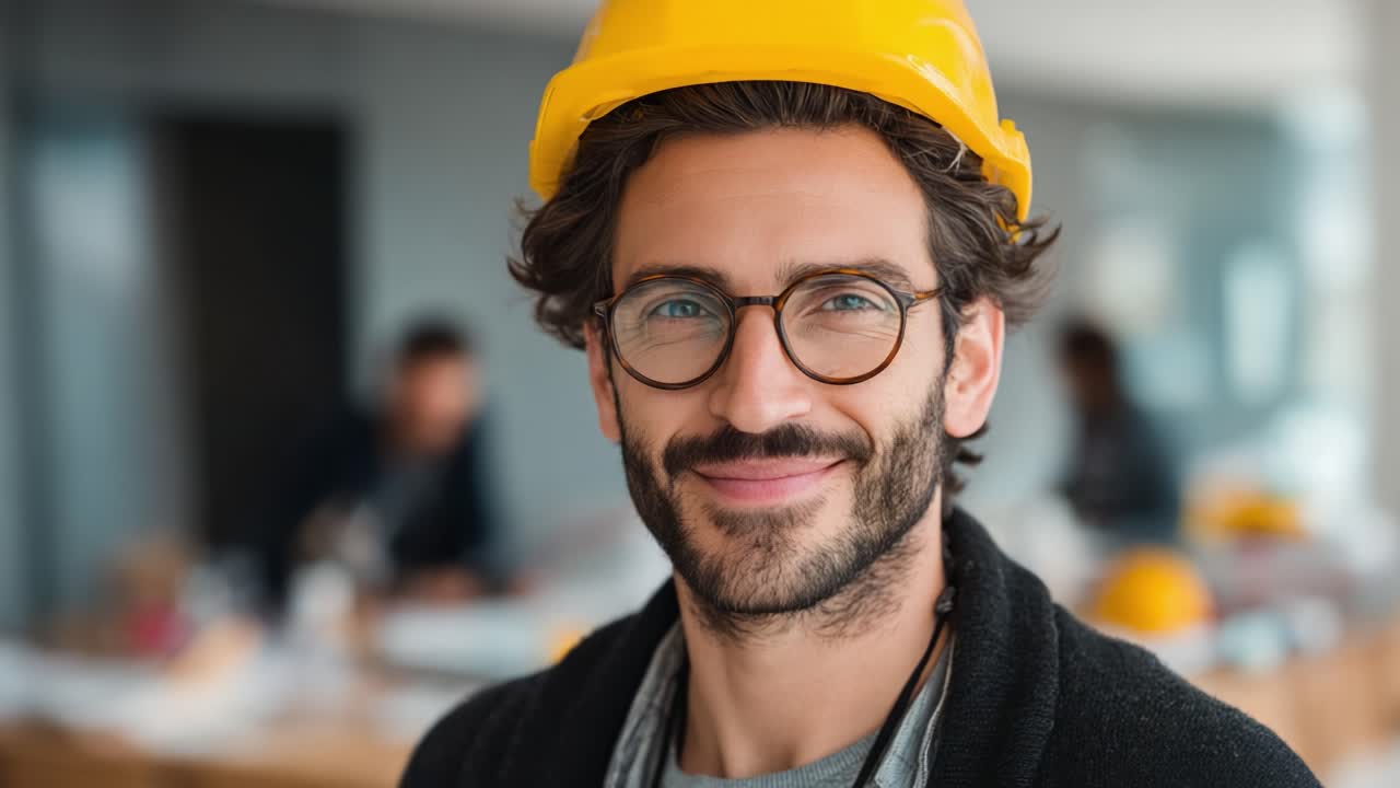 A confident construction worker wears a yellow safety helmet, showcasing professionalism and dedication in a bustling workspace focused on teamwork and project success