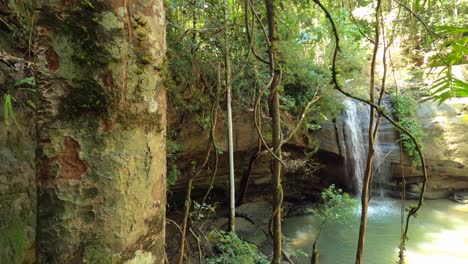 lagoon, waterfall oasis and cave shelter in the tropical rainforest or jungle