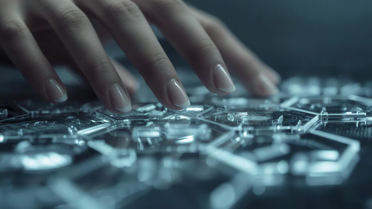 Fingerspidser, der kommer ned, en voksen hånd der laver lette tryk og glider på et klart sekskantet panel i et laboratorium