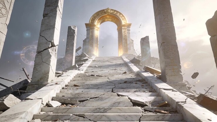 Arco dorato che si illumina, proiettando una luce calda sui gradini di marmo in rovina di un tempio, con pilastri intagliati.