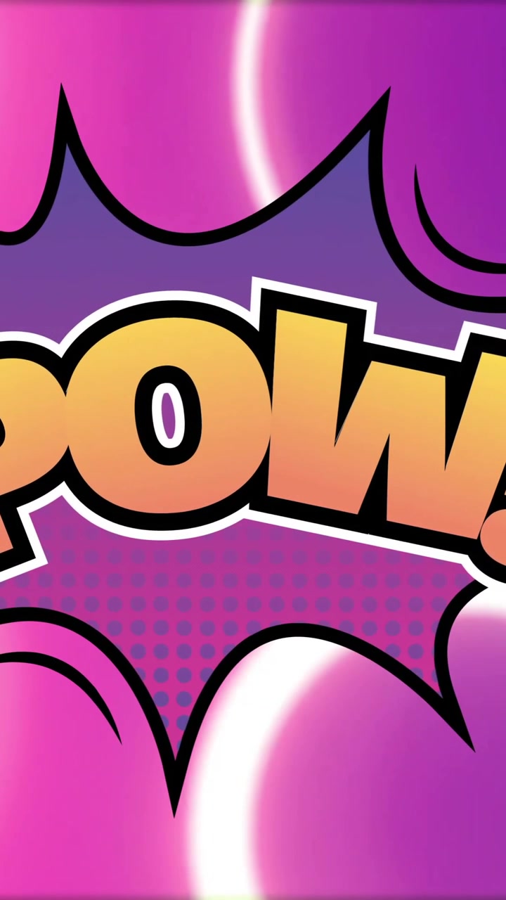 Animazione del testo pow colorato su forma a fumetto su cerchi al neon fluttuanti su sfondo viola