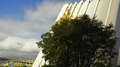 Close-up-shot-of-Arctic-Cathedral-building-in-Tromso-city-in-Norway