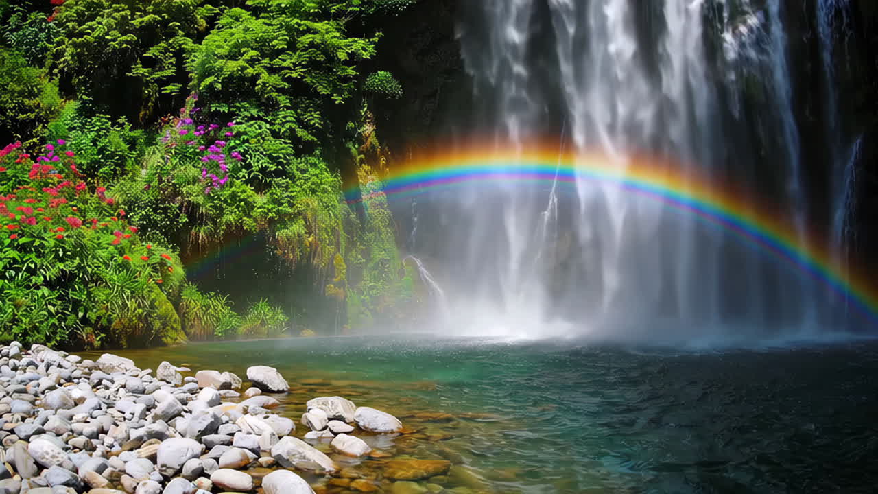 Rainbow Waterfall in Lush Forest