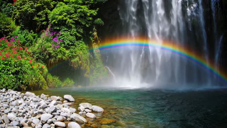rainbow waterfall in lush forest