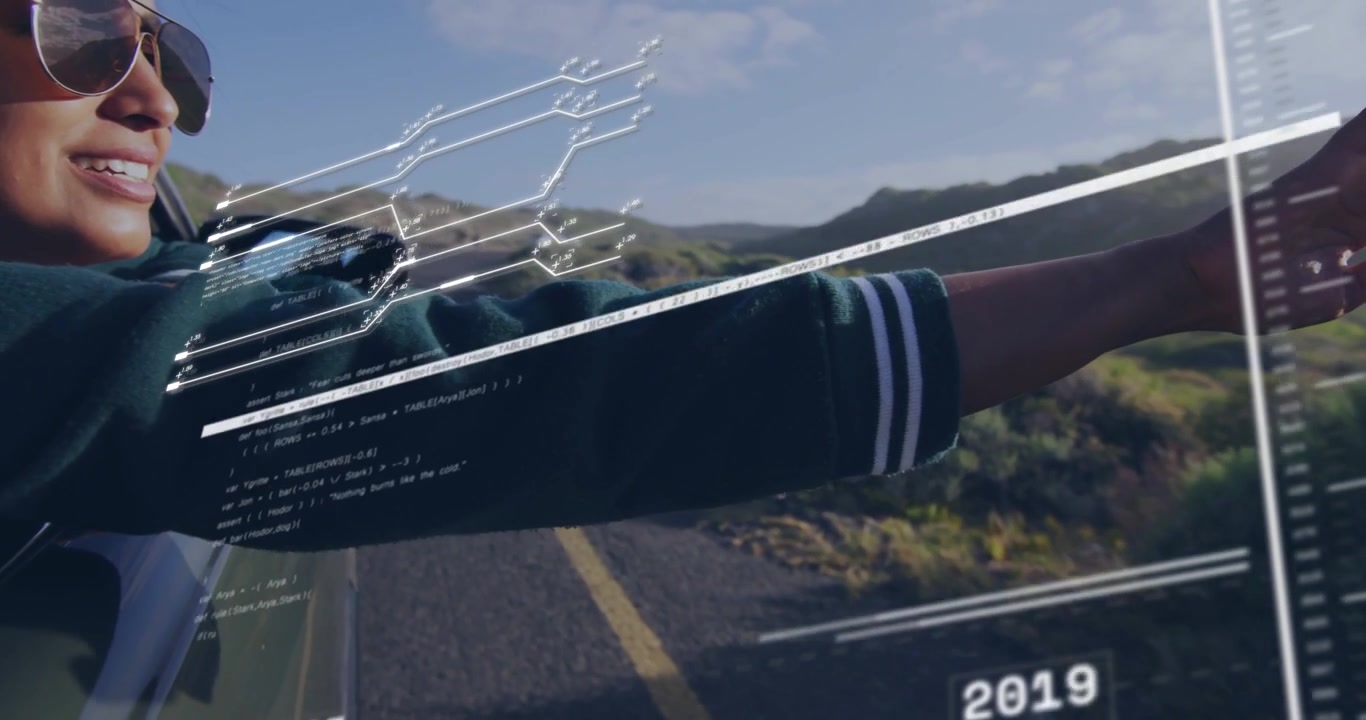 Woman leaning out car window, car moving, syncing tech timeline HUD across arm visualizing years