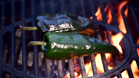 poblano peppers on outdoor grill closeup showing flames and smoke with copy space