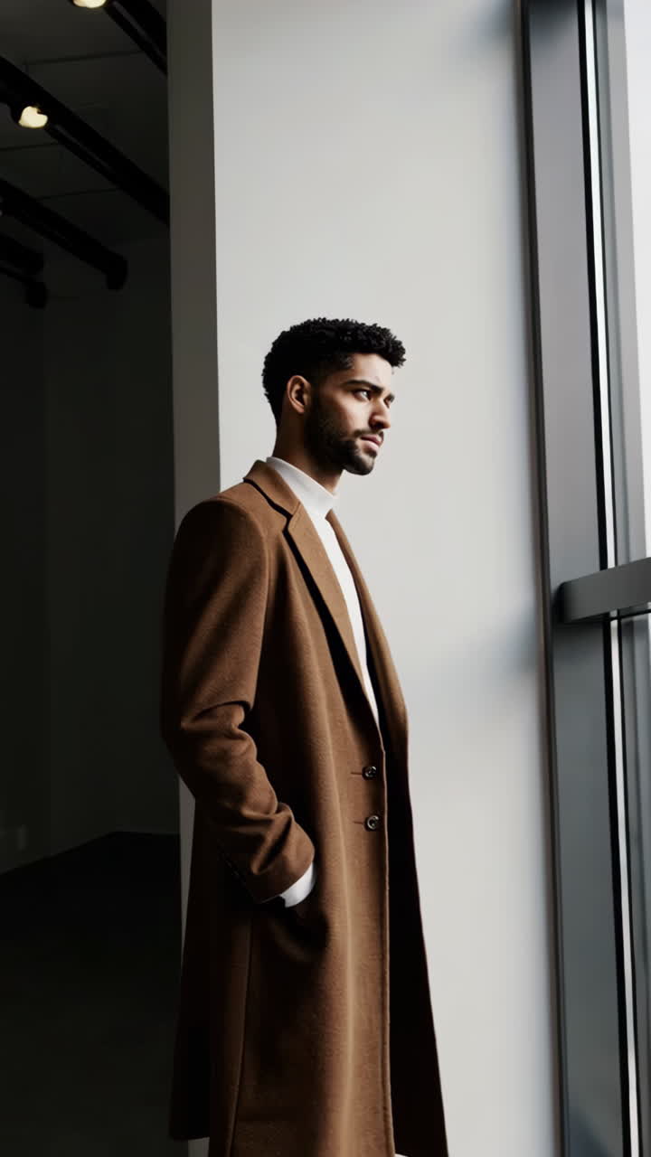 Stylish Man in Brown Coat in Modern Architectural Setting