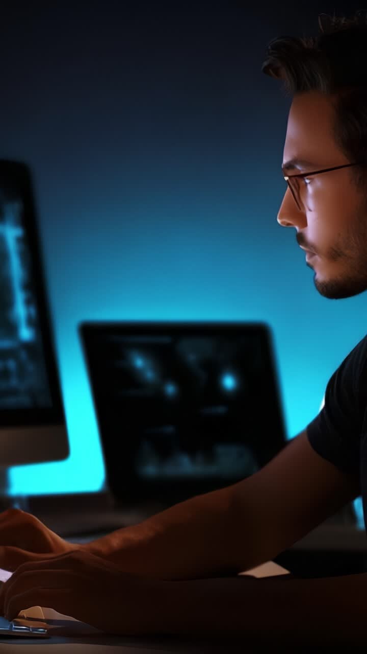 Fokuseret person fordybet i digitale opgaver, oplyst af blåt lys, der viser teknologi og koncentration i et moderne arbejdsområde