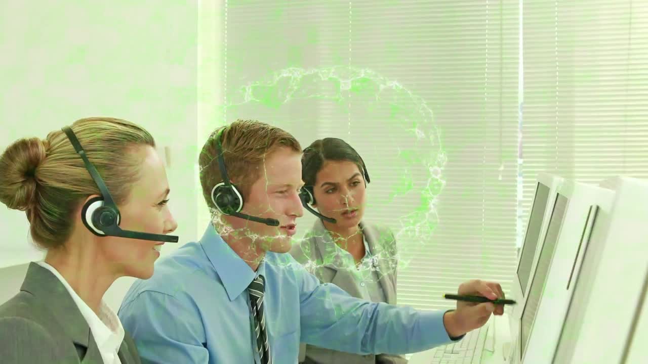 사무실에서 일하는 다양한 사업가들에 대한 디지털 뇌의 애니메이션