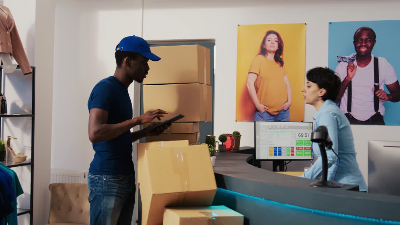 entregador pidiendo al trabajador que firme el informe