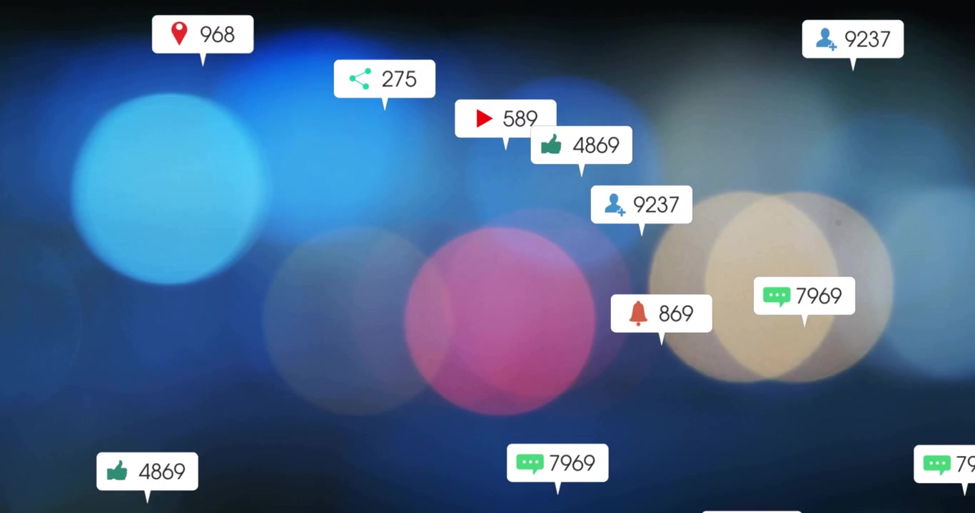 Digital Social Media Notification Icons Floating on Bokeh Background