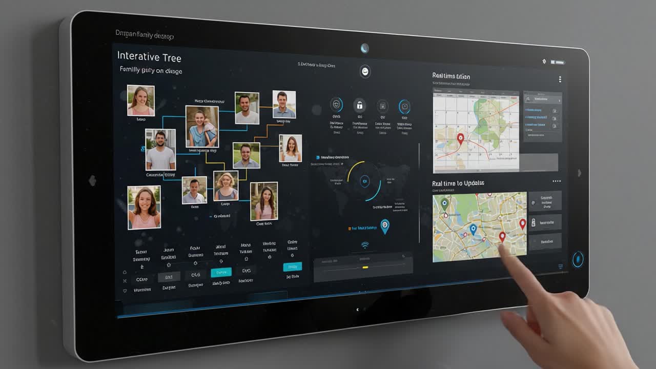 Interactive Family Tree Interface Demonstration on a Touchscreen Display with Real-Time Updates and Mapping Features for Genealogical Exploration