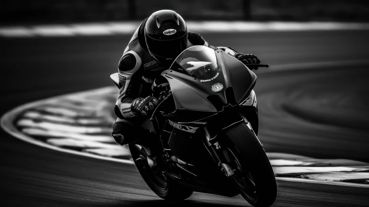 Dynamic black and white video still of a motorcyclist racing on a track, captured from a low-angle