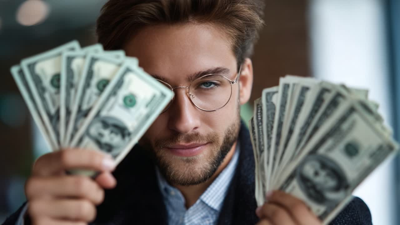 Giovane uomo sicuro di sé che mostra denaro contante e punta direttamente la fotocamera, trasmettendo fascino e successo in un ambiente professionale e coinvolgente