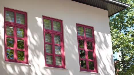 building facade with red windows and tree shadows