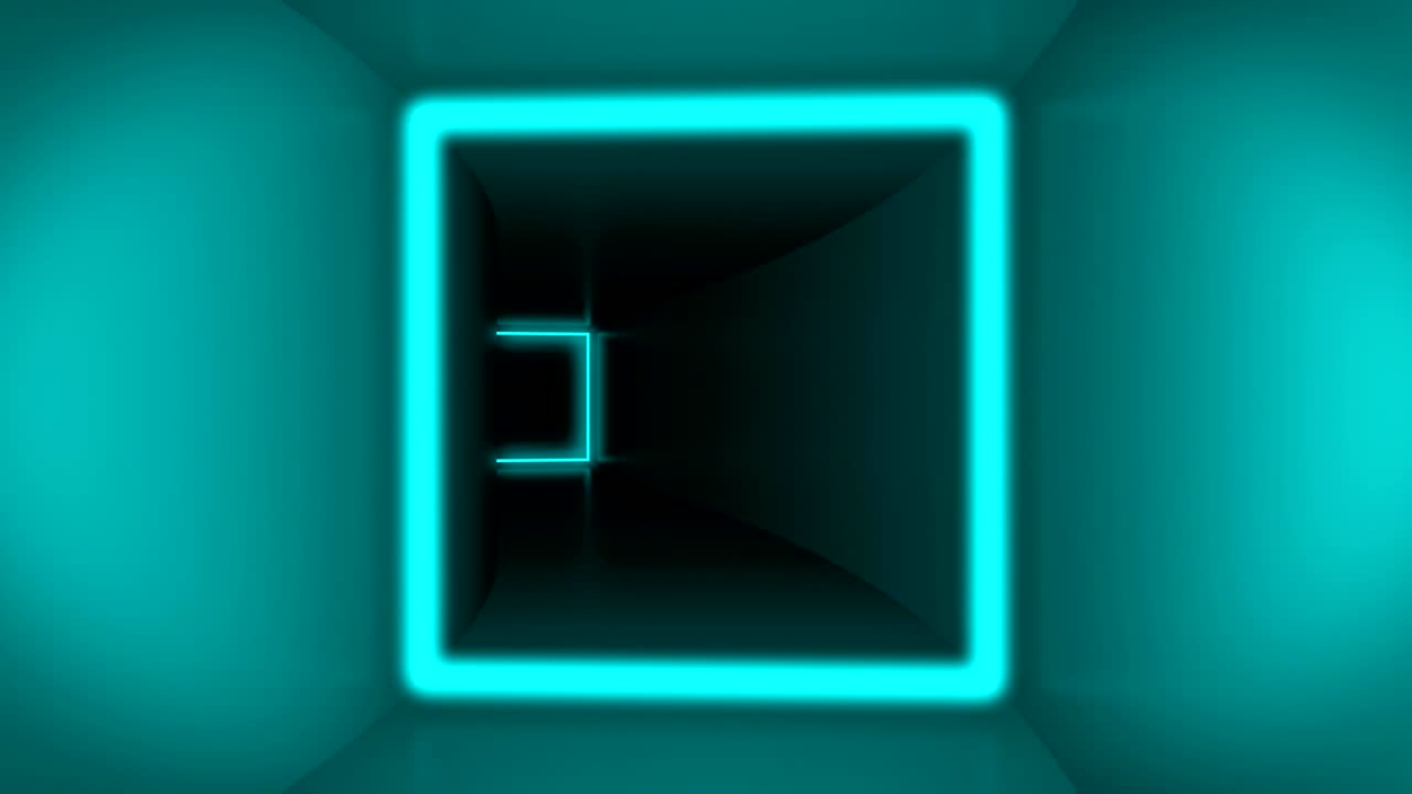 volando a través de coloridos cuadrados de neón del túnel del cubo