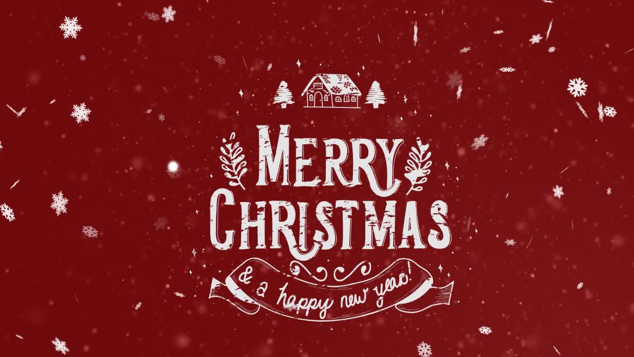 색 메리 크리스마스 및 새해 텍스트의 애니메이션과 장식 및 빨간색에 떨어지는 눈송이.