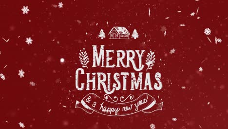 Animation-of-white-merry-christmas-and-new-year-text-with-decoration-and-falling-snowflakes-on-red