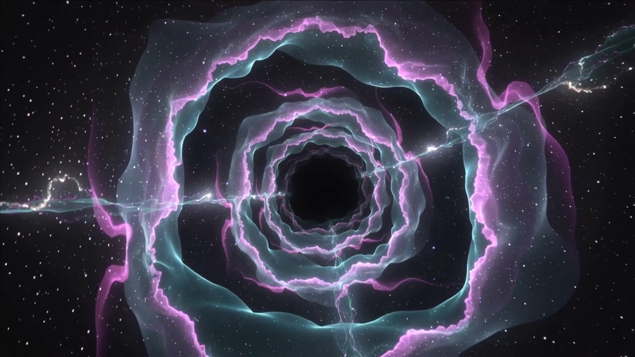 Nebulosa stratificata a spirale che si addentra nel vuoto oscuro, con la prospettiva che avanza nello spazio e filamenti.