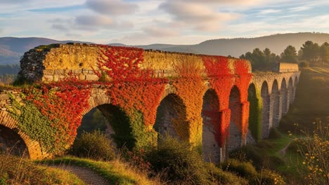 a stunning view of an ancient aqueduct covered in vibrant autumn foliage, bathed in the warm light of a morning sunrise, surrounded by lush greenery and scenic hills