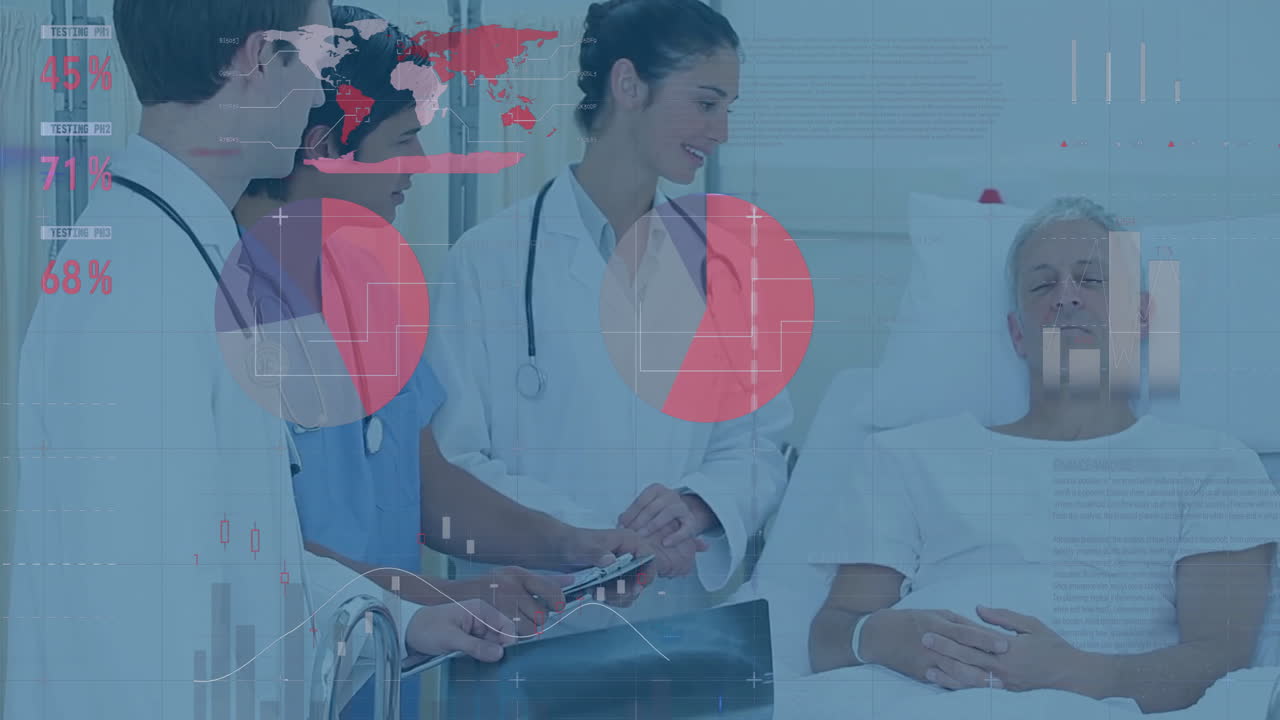 Animation of data processing and diagrams over caucasian doctors talking with patient