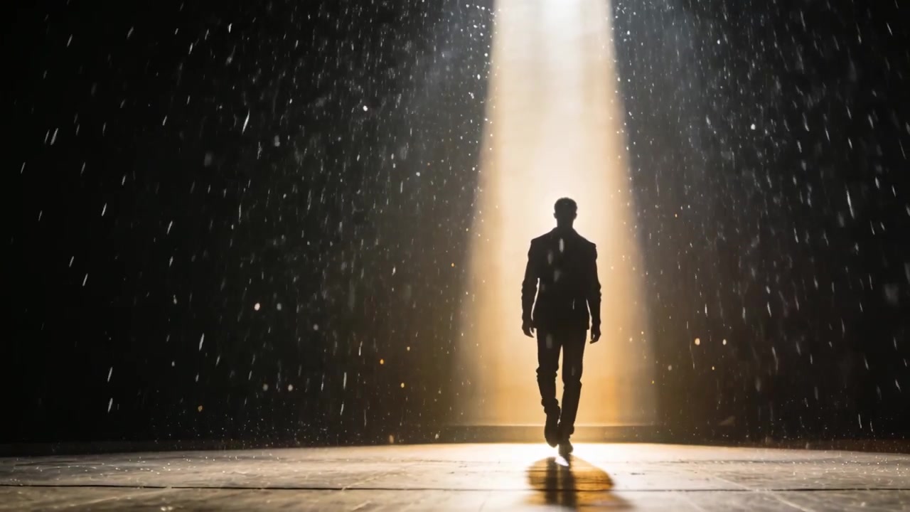 Uomo che cammina, entrando in un fascio di luce verticale sul palco, proiettando un'ombra attraverso particelle che cadono, in completo.