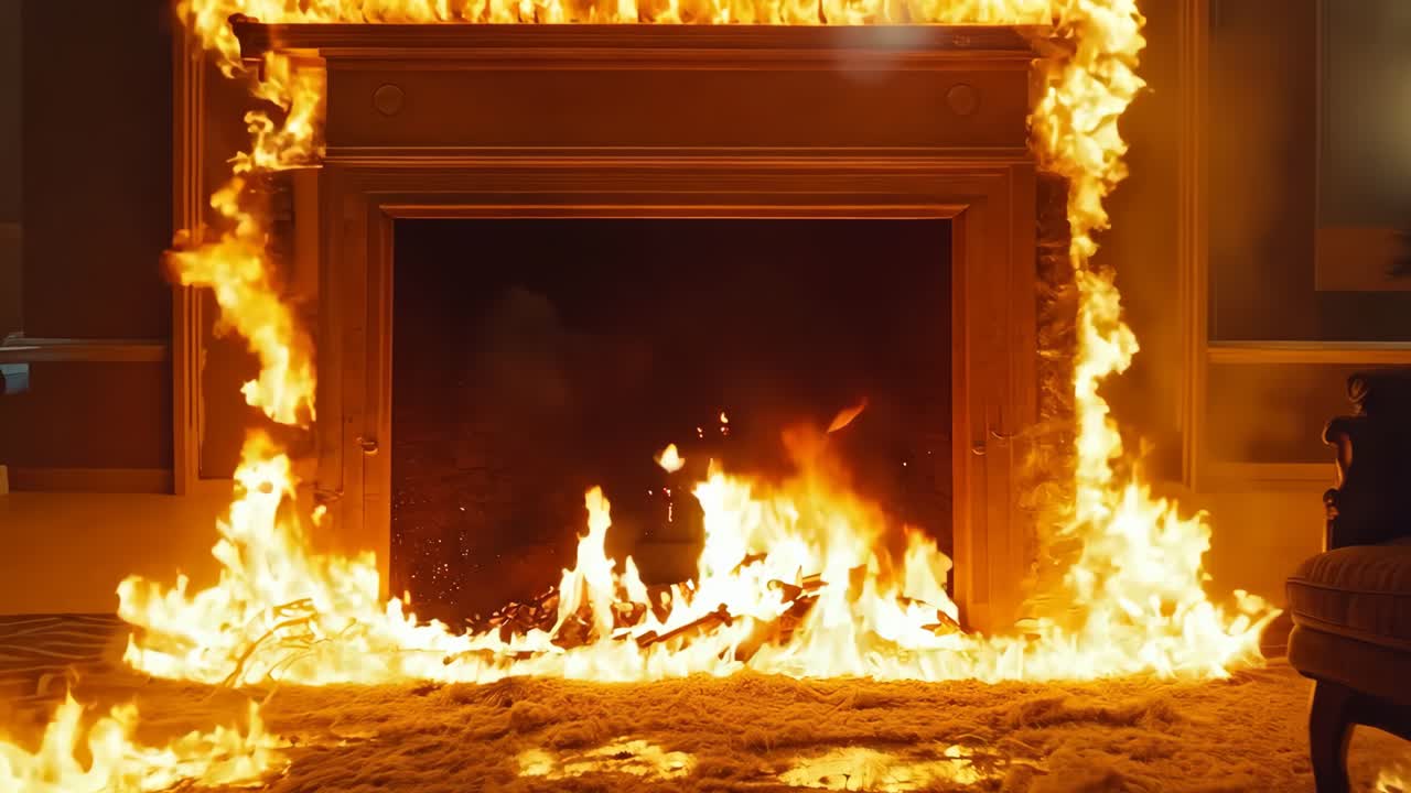 벽난로에서 불타는 불이 있는 거실