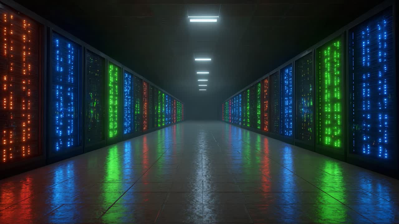 A Futuristic Data Center Interior with Illuminated Server Racks in Vibrant Colors, Showcasing Advanced Technology in a Cutting-Edge Environment