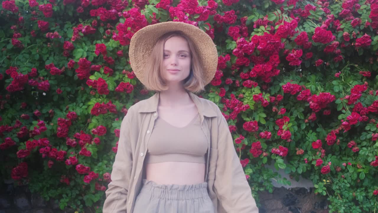 꽃이 피는 장미 덤불의 배경에  모자를 입은 우아한 금발 젊은 여성