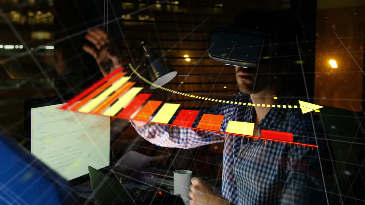 Person using virtual reality headset interacting with colorful bar graph animation