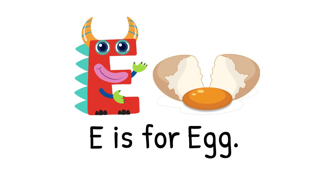 Colorful animation with playful character illustrating the letter E and an egg on a white background