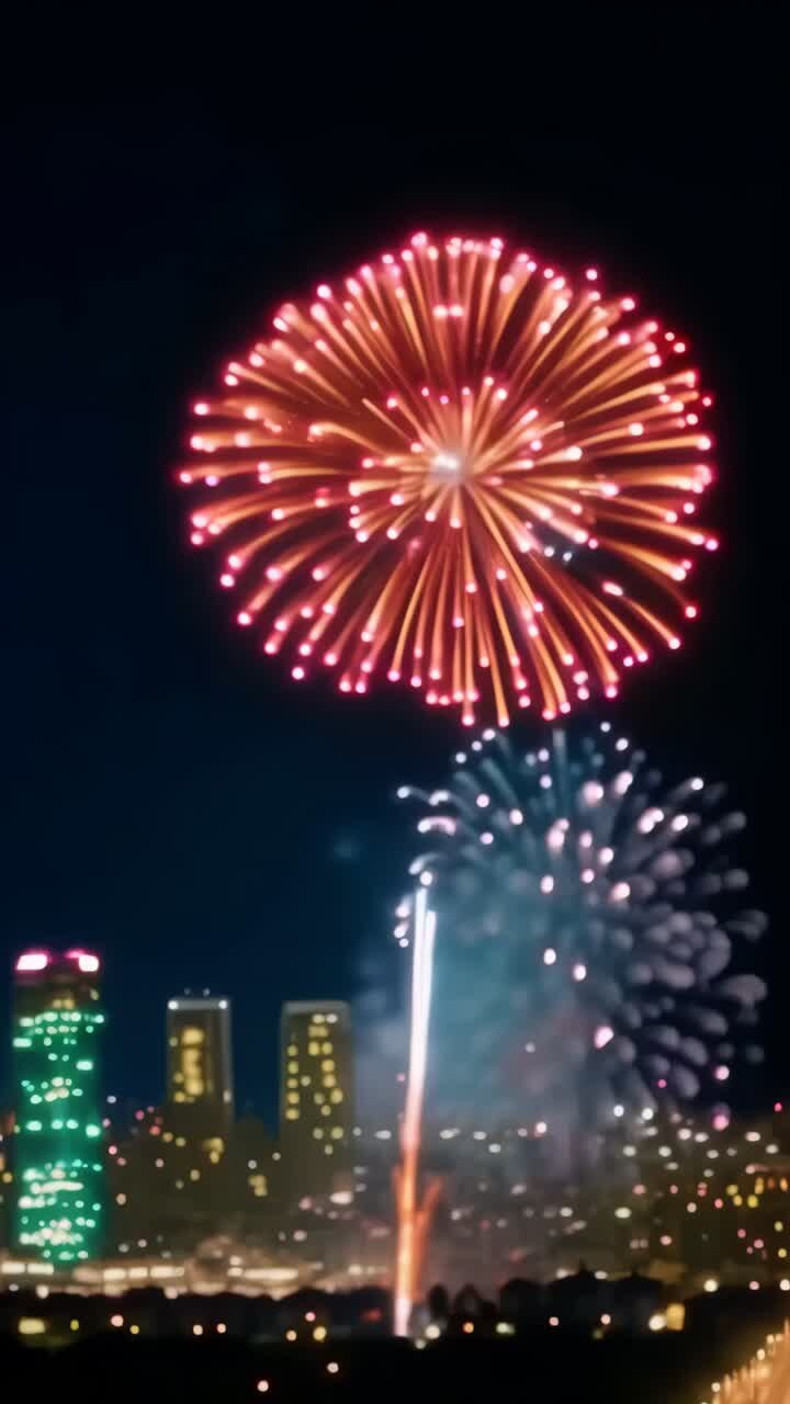 A fireworks display is lit up in the night sky over a city