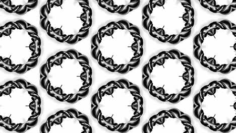 animación en bucle sin costuras de 4k de patrón en blanco y negro con cintas son retorcidas y forman estructuras circulares complejas como patrón de adorno simétrico o caleidoscópico