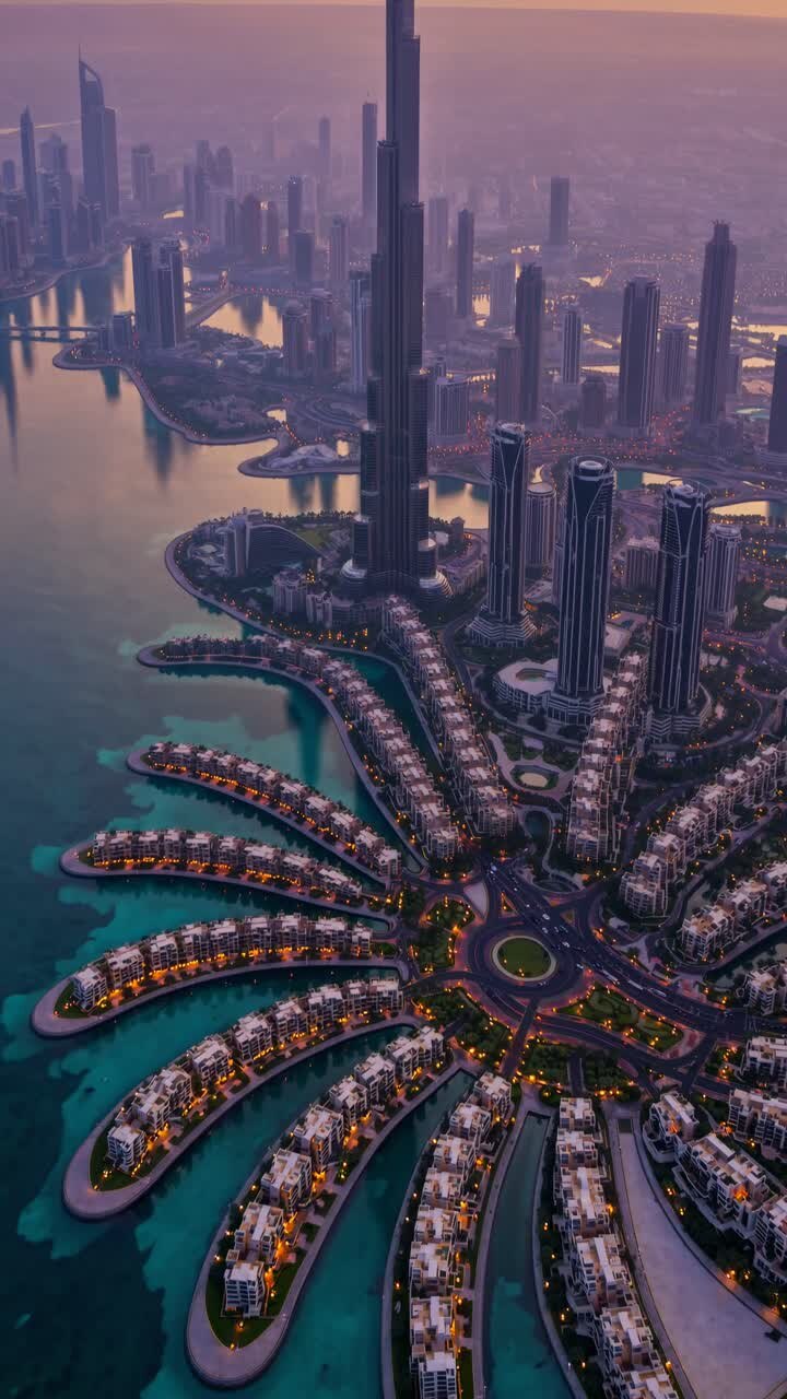 Une vidéo aérienne capture un paysage urbain époustouflant au coucher du soleil, mettant en valeur un gratte-ciel imposant entouré de…